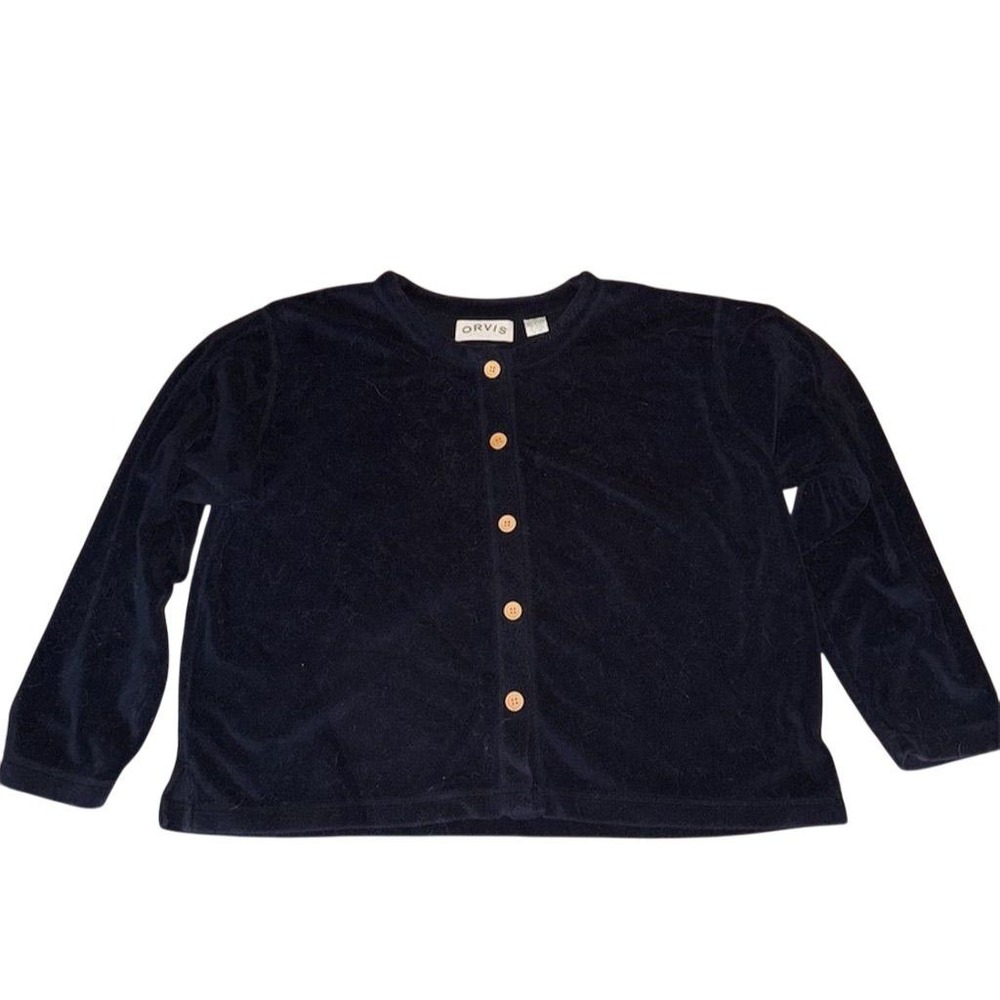 Orvis Women's Black Velour Cardigan Sweater‎ XL Button-Down Long Sleeve cozycore